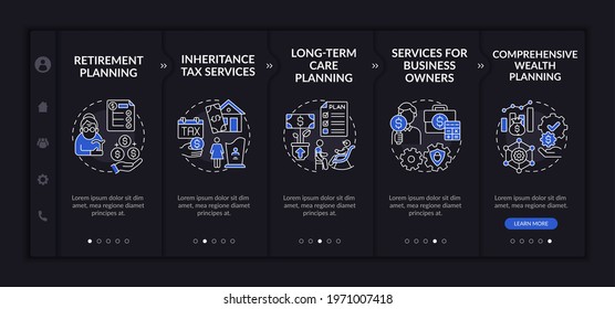 Wealth supervise onboarding vector template. Responsive mobile website with icons. Web page walkthrough 5 step screens. Retirement, long-term care planning night mode concept with linear illustrations