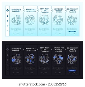 Wealth supervise onboarding vector template. Responsive mobile website with icons. Web page walkthrough 5 step screens. Business owners services night and day mode concept with linear illustrations