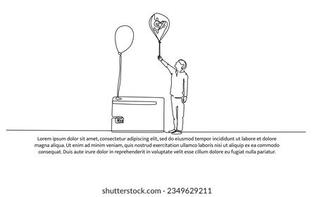 Wealth symbol one continuous line design. Illustration of man holding helium balloon having money symbol. Decorative elements drawn on a white background.