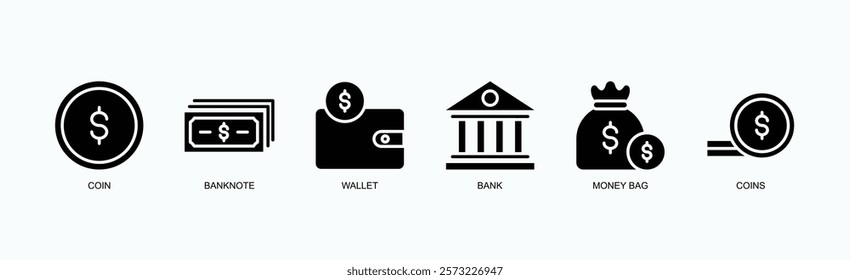 Wealth Wallet Icons Icon Set Isolated Vector Illustration Concept With Icon Of Coin, Banknote, Wallet, Bank, Money Bag, Coins In Glyph Style