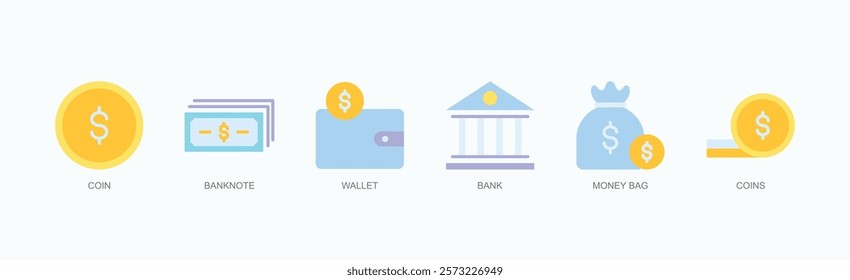 Wealth Wallet Icons Icon Set Isolated Vector Illustration Concept With Icon Of Coin, Banknote, Wallet, Bank, Money Bag, Coins In Flat Style