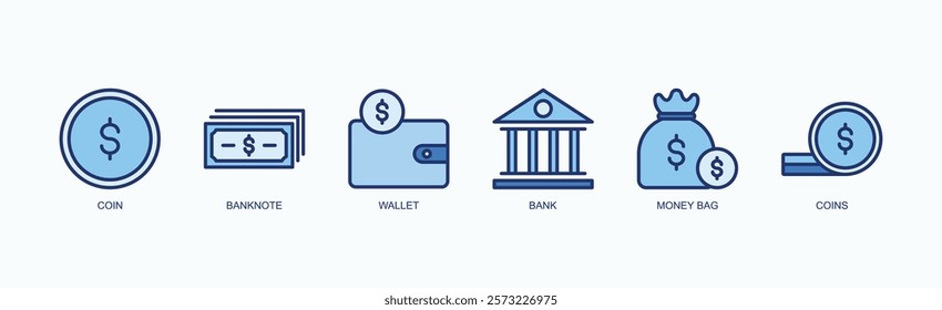 Wealth Wallet Icons Icon Set Isolated Vector Illustration Concept With Icon Of Coin, Banknote, Wallet, Bank, Money Bag, Coins In Blue Style