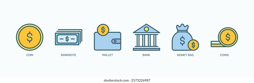 Wealth Wallet Icons Icon Set Isolated Vector Illustration Concept With Icon Of Coin, Banknote, Wallet, Bank, Money Bag, Coins In Outline Color Style