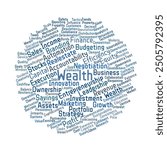 Wealth Word Cloud. Composition of Words Related to Wealth Building. Isolated White Background.