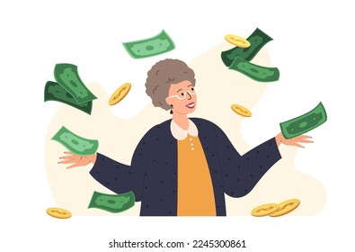 Wealth,abundance concept.Happy rich old retired woman spending,wasting money.Wealthy millionaire retirement with excessive cash.Financial prosperity.Flat vector illustration isolated, white background