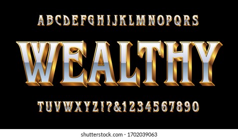 Wealthy alphabet; An expensive looking and elegant font. This letter style has the appearance of 3d gold edges, and a pearlescent inner solid. Nice typeface for anything classy, sophisticated, pricey.