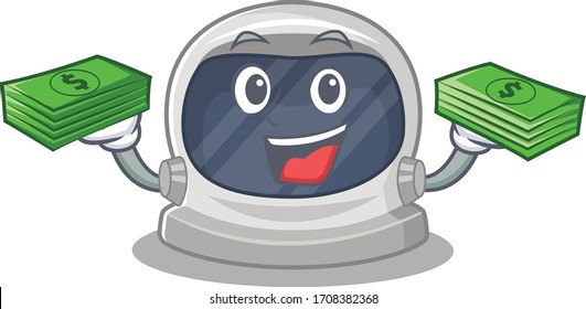 A wealthy astronaut helmet cartoon character having money on hands