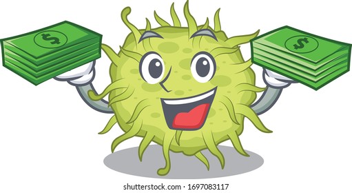 A wealthy bacteria coccus cartoon character having money on hands
