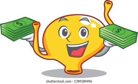 A wealthy bladder cartoon character having money on hands