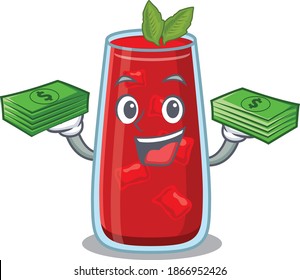 A wealthy bloody mary cocktail cartoon character with much money