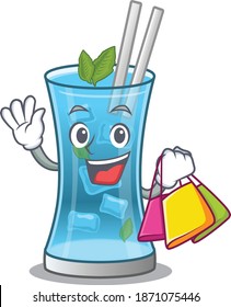 wealthy blue hawai cocktail cartoon character with shopping bags