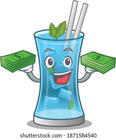 A wealthy blue hawai cocktail cartoon character with much money