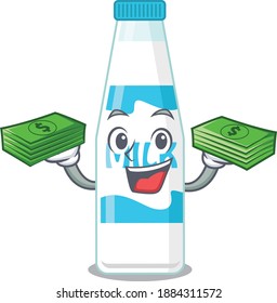 A wealthy Bottle of milk cartoon character with much money. Vector illustration