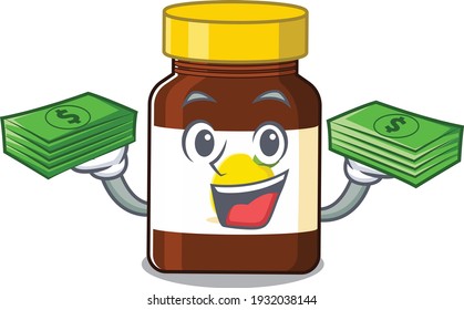 A wealthy bottle vitamin c cartoon character with much money