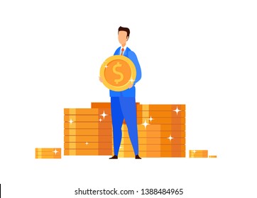 Wealthy Businessman, Banker Vector Illustration. Man In Suit Holding Golden Coin Cartoon Character. Stock Market Trader, Investor. Financial Literacy, Successful Entrepreneurship, Money Management