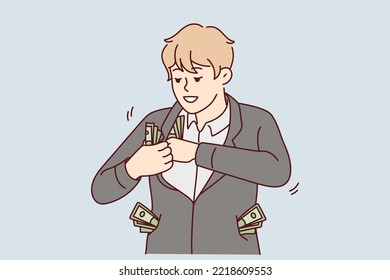 Wealthy businessman with dollars in all pockets get revenue or income. Smiling rich man with money win lottery or get investment rate. Vector illustration. 