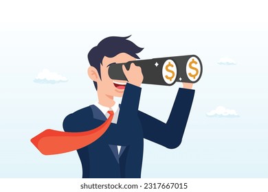 Wealthy businessman investor look through binoculars to see money dollar sign, looking for investment opportunity, money visionary, searching for yield, dividend or profit in stock market (Vector)