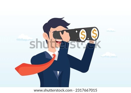 Wealthy businessman investor look through binoculars to see money dollar sign, looking for investment opportunity, money visionary, searching for yield, dividend or profit in stock market (Vector)
