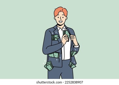 Un empresario rico con dinero en todos los bolsillos muestra éxito. Un empleado masculino sonriente con billetes en traje se siente exitoso y rico. Ilustración vectorial. 