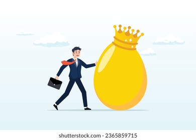 Wealthy businessman with precious golden egg wearing crown, golden egg investment, precious retirement pension fund, wealth or saving, 401k or IRA, prosperity or valuable asset (Vector)