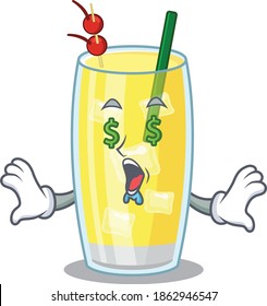 wealthy cartoon character concept of pina colada cocktail with money eyes