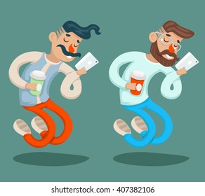 Wealthy Cartoon Hipster Geek Mobile Phone Coffie Businessman Character Icon Stylish Background Design Vector Illustration