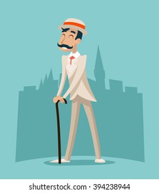 Wealthy Cartoon Victorian Gentleman Businessman Character Icon Stylish English City Background Retro Vintage Great Britain Design Vector Illustration