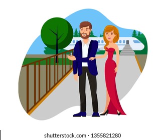 Wealthy Couple Flat Vector Illustration. Woman In Evening Dress, Man In Suit Standing Near Private Jet Isolated Cartoon Characters. Festive Reception, Holiday Event, Ceremony. Celebrity Design Element