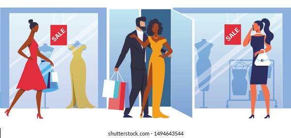 Wealthy Couple go Shopping Vector Illustration. Rich Pair, Store Customers Cartoon Characters. Young Lady in Fashionable Evening Gown and Husband Holding Bags. People Outside Women Clothes Shop