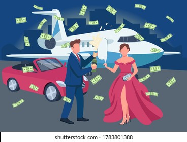 Wealthy Couple Opening Champagne Bottle Flat Color Vector Illustration. Money Flying Around. Rich People Having Celebration 2D Cartoon Characters With Transport And Cityscape On Background