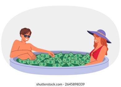 Wealthy couple swims in pool filled with money, enjoying luxury of high investment returns. Wealthy man tries to charm woman by boasting of big profits from business or salary from corporation