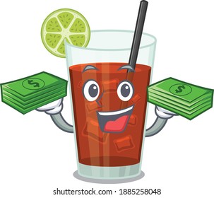 A wealthy cuba libre cocktail cartoon character with much money