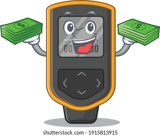 A wealthy dive computer cartoon character having much money on hands