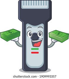 A wealthy electric shaver cartoon character having much money on hands. Vector illustration
