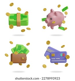 wealthy finances 3D vector icon set.
money banknote,piggy bank,wallet,credit card