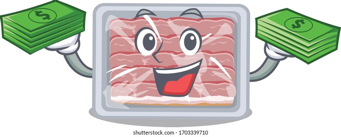 A wealthy frozen smoked bacon cartoon character having money on hands