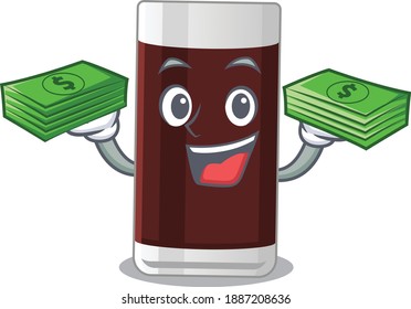 A wealthy glass of chocolate cartoon character with much money. Vector illustration