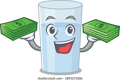 A wealthy glass of water cartoon character with much money. Vector illustration