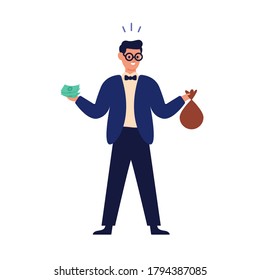 Wealthy happy man holding banknote, money bag and financial accumulation, income profit. Save cash, savings concept. Successful investment. Flat vector cartoon illustration isolated on white