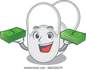 A wealthy hotel slippers cartoon character with much money