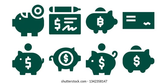 wealthy icon set. 8 filled wealthy icons.  Collection Of - Piggy bank, Cheque