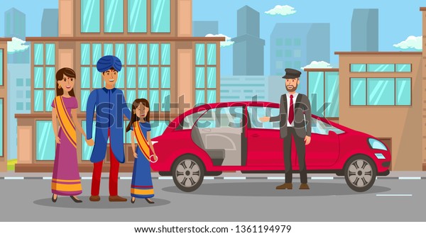 Wealthy Indian Family Waiting for Car Illustration.\
Father, Mother and Daughter Cartoon Characters. Rich People in\
Traditional Clothes. Chauffeur, Transportation Service Employee in\
Suit. Family Trip