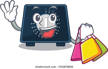 wealthy kitchen timer cartoon character with shopping bags
