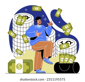 Wohlhabender Mann mit Banknotenkonzept. Junge Junge tanzt in der Nähe einer großen schwarzen Tasche Bargeld. Finanzkompetenz und passives Einkommen. Erfolgreicher Händler, Unternehmer oder Investor. Cartoon-Flavektor-Vektorgrafik