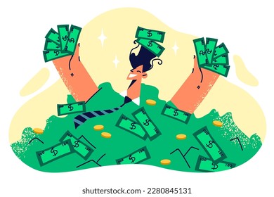 Wealthy man bathed in money rejoices in selling own business or receiving quarterly bonus at work. Wealthy business man who received dividends from investments in growing company is drowning in cash 