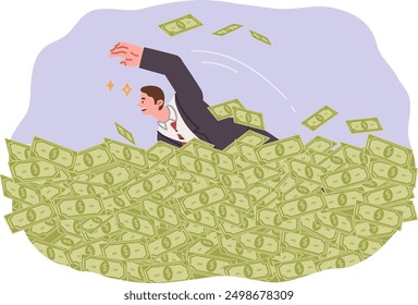 Wealthy man is swimming in money earned from investing in business projects or participating in ipo. Wealthy investor received income from exchange rate differences and resale of shares