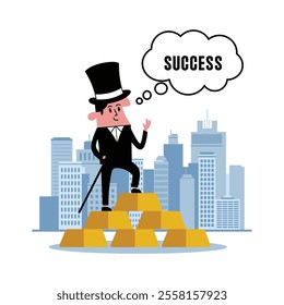 Wealthy Man with Top Hat Standing on Pile of Gold Coins in Cityscape. Illustration of a distinguished man wearing a top hat and cane, standing on a large pile of gold coins with additional coins float