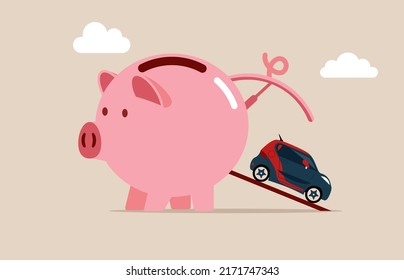 Wealthy piggy bank open container loading deliver new car to new owner. Saving money for new car, automobile expense and cost or car loan.