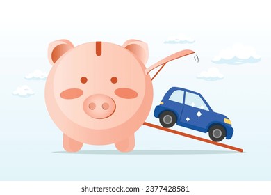 Wealthy piggy bank open container loading deliver new car to new owner, saving money for new car, automobile expense and cost or car loan (Vector)