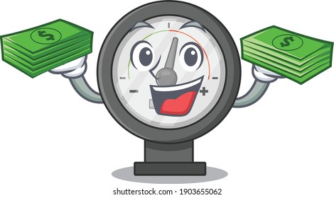 A wealthy pressure gauge cartoon character having much money on hands